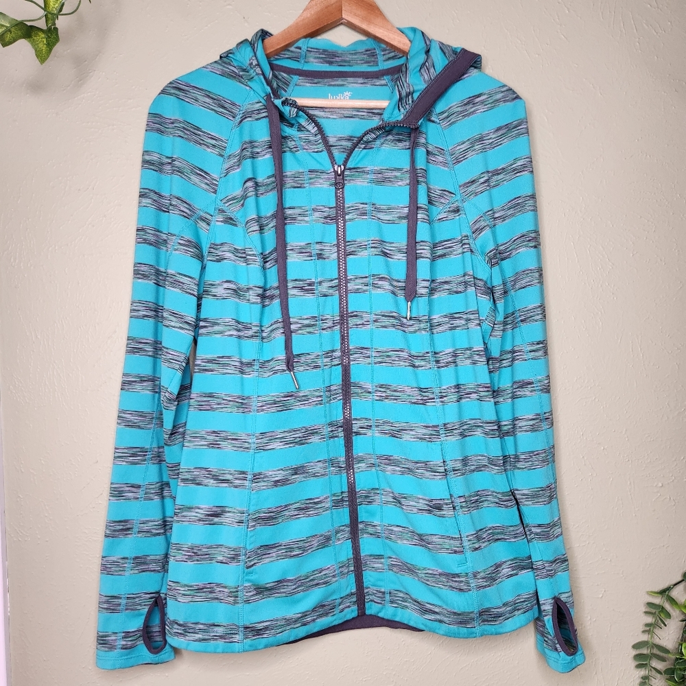Lukka XL Striped Full-Zip Hoodie Jacket Teal Gray Thumbholes Athleisure Yoga